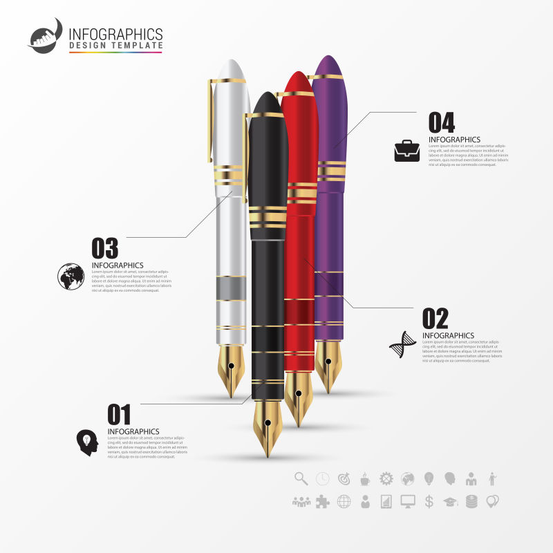 创意矢量彩色钢笔元素的信息图表设计