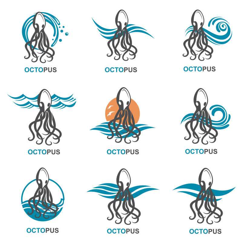 章鱼与海浪矢量创意logo设计