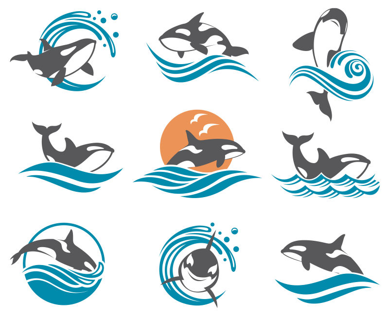 鲸鱼和海浪的抽象标志矢量创意logo设计
