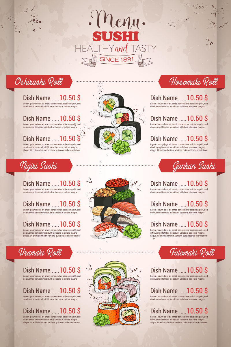 餐厅垂色寿司菜单矢量