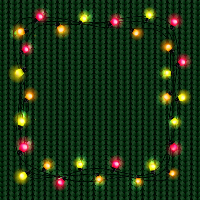 矢量绿色针织毛衣背景上的圣诞节小彩灯