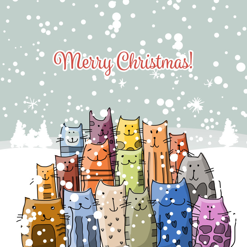 矢量设计卡通猫家庭圣诞贺卡
