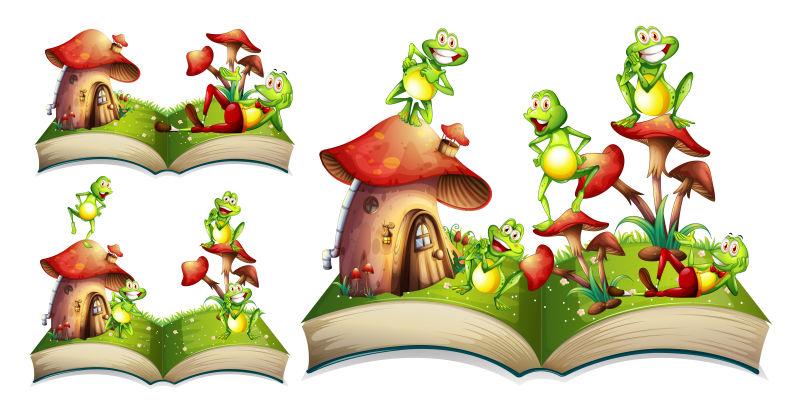 矢量故事书中的快乐卡通青蛙
