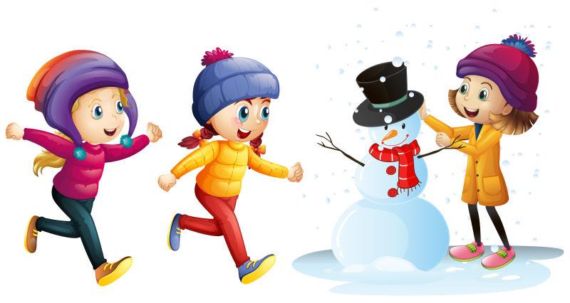 矢量卡通三个女孩玩雪人