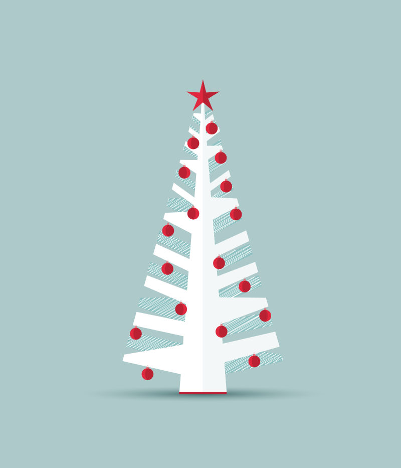 被红色圣诞球装饰的白色圣诞树矢量插图