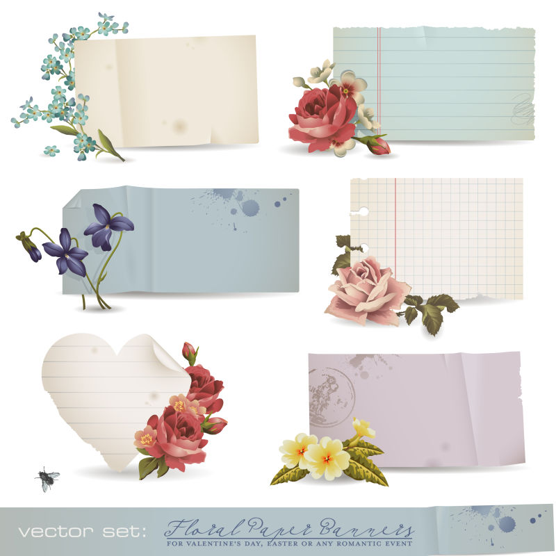 纸旧床单与浪漫的花卉矢量图