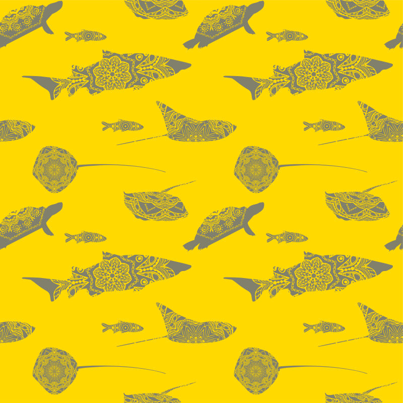 黄色海洋手绘不同灰色鱼矢量