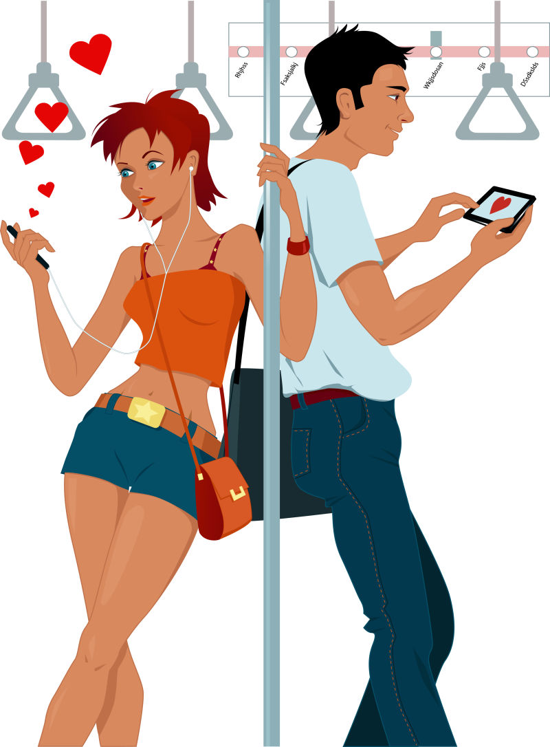 年轻夫妇在地铁上看着手机矢量