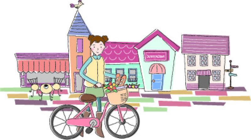 小女孩推着自行车行走在街道上的平静生活插图矢量