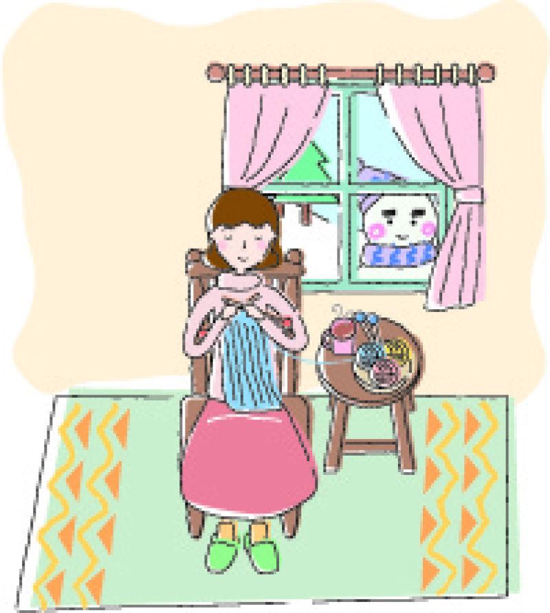 在温馨的室内织毛衣的女孩插图矢量