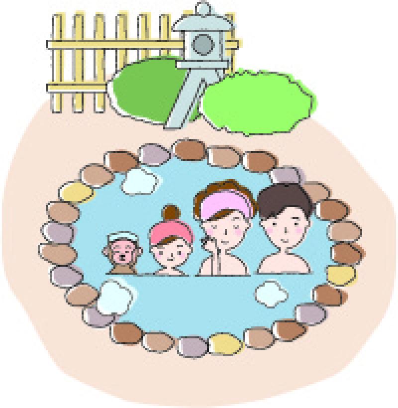 在户外泡着温泉的幸福一家人矢量插图