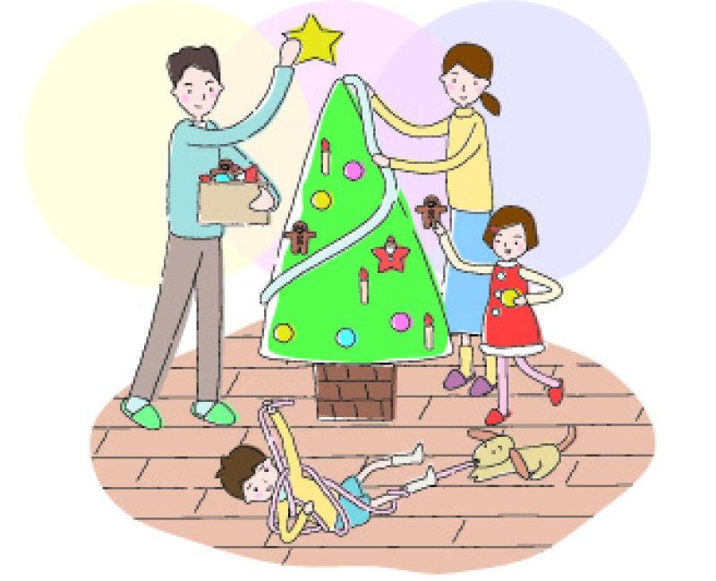 装饰圣诞树的幸福的一家人插图矢量
