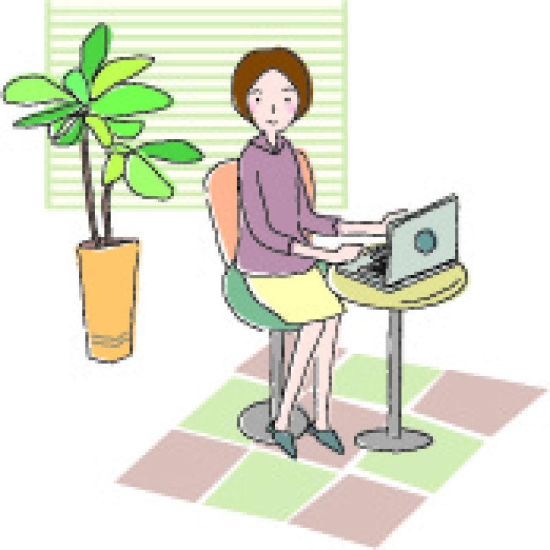 在绿植的室内使用笔记本电脑的女人插图矢量