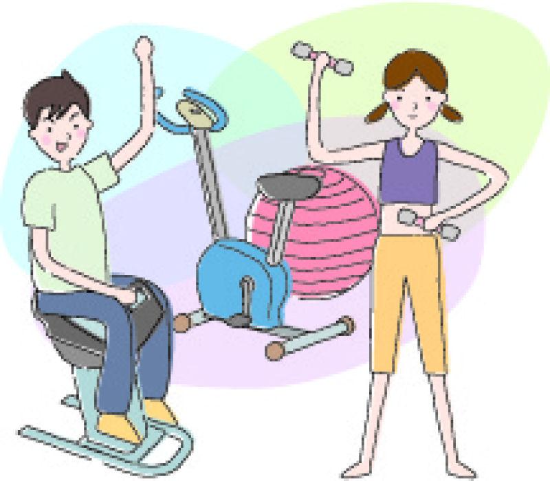男人和女人在健身房健身的平静生活矢量插图