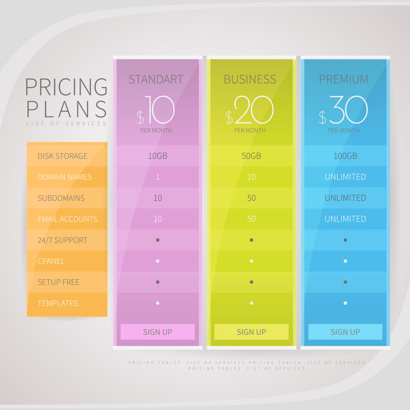 创意矢量彩色网站定价页面平面设计