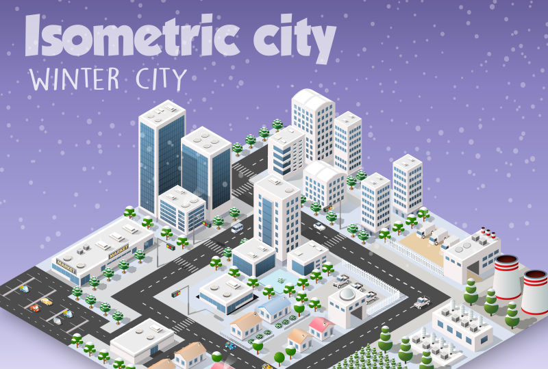 城市雪景矢量插图