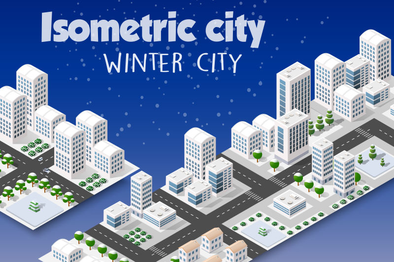 矢量现代3D城市的等距雪景