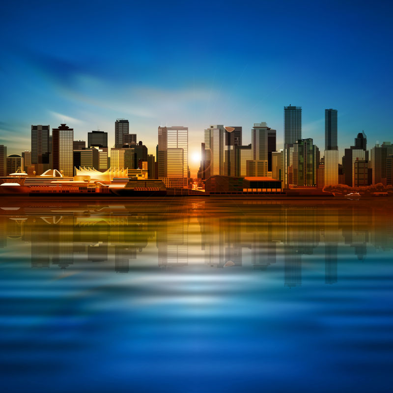 蓝色城市的晨景矢量插图
