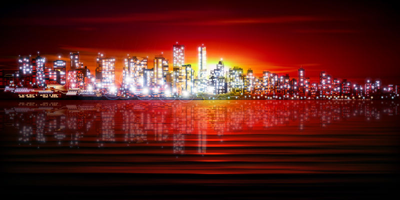 红色夕阳下的城市全景矢量插图