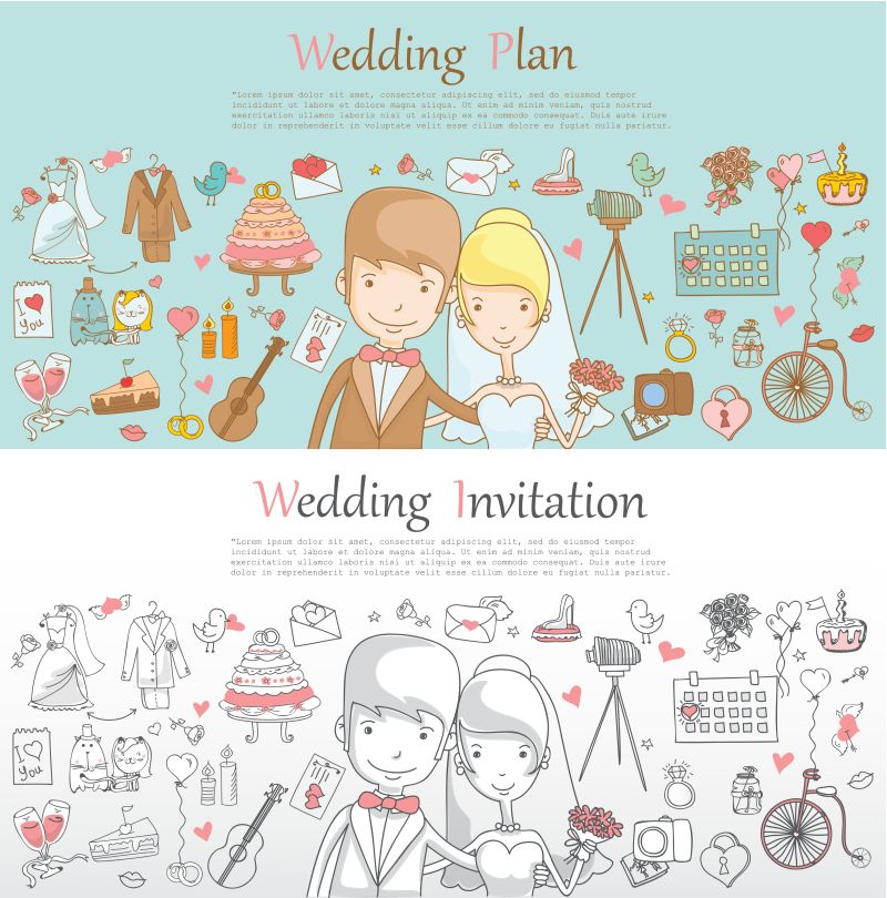 创意矢量卡通婚礼设计平面插图