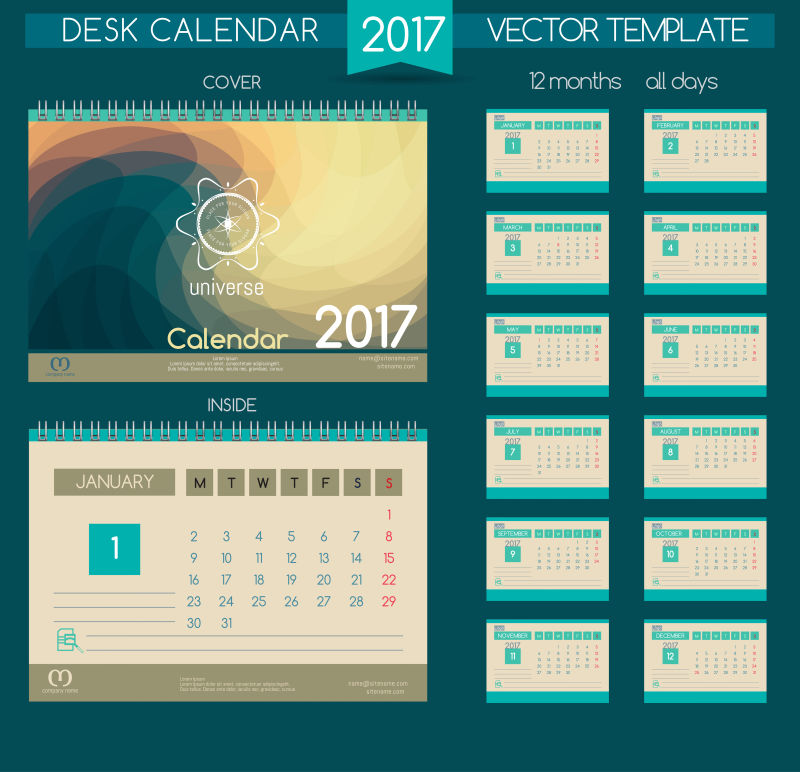 矢量几何形状桌面2017日历设计