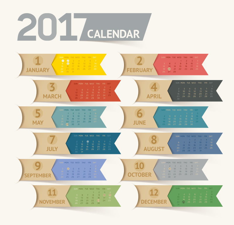 矢量2017带纸风格日历设计