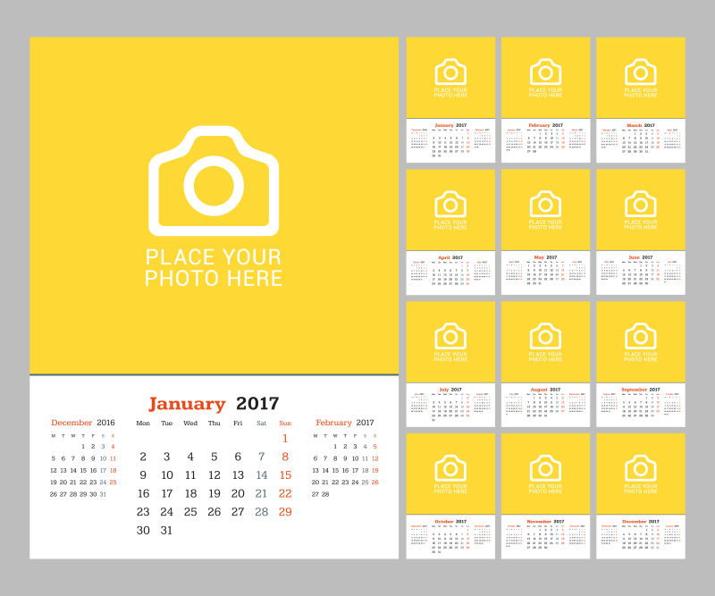 矢量2017黄色星期一开始日历设计