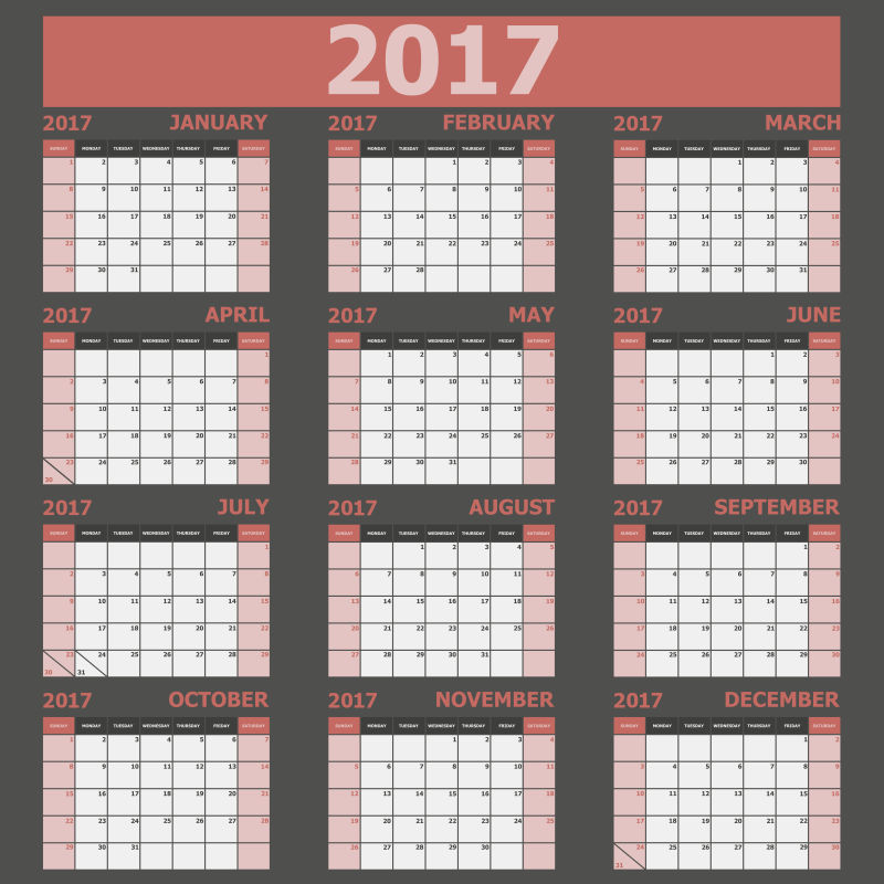 矢量2017日历周开始于星期日红色设计