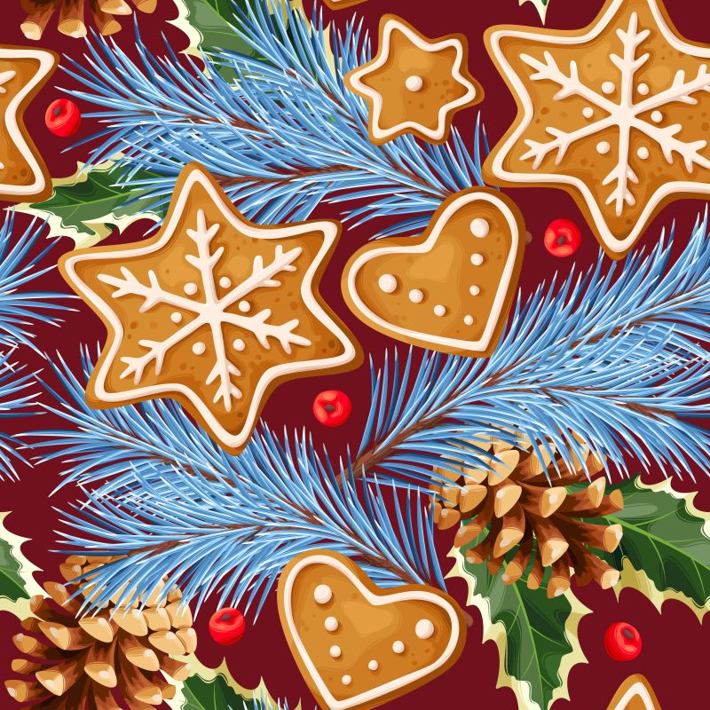 圣诞节姜饼和松果松树枝矢量水果香料背景
