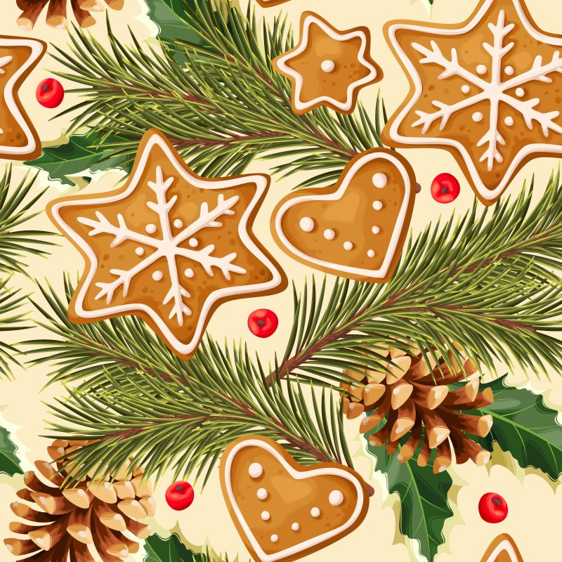 圣诞节姜饼和松果矢量水果香料背景