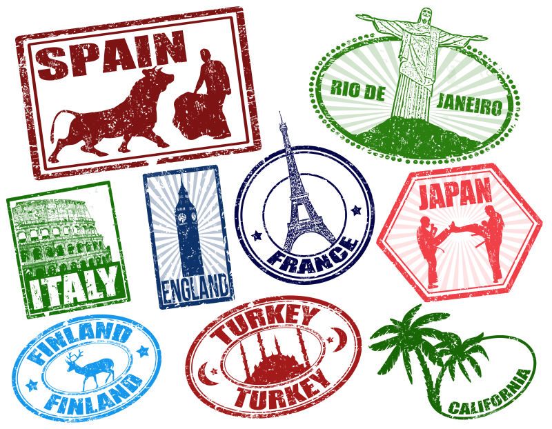 创意矢量各个国家的旅游印章设计