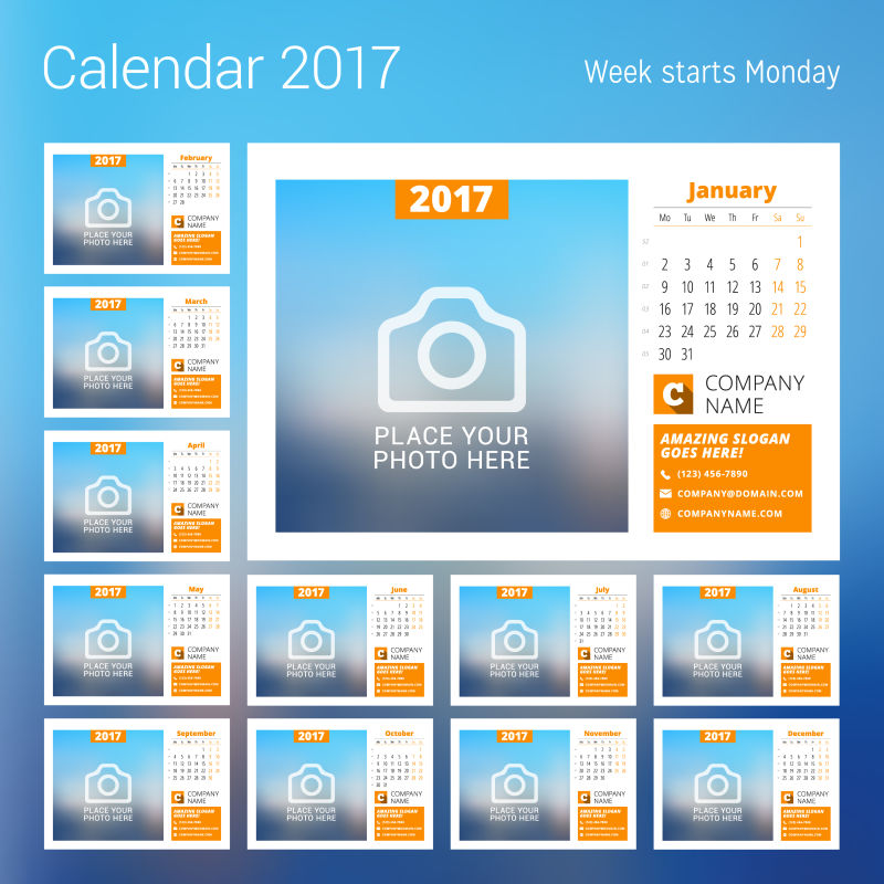 一周从星期一开始设计的矢量2017日历