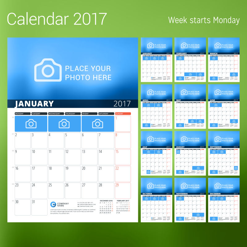 矢量2017日历12个蓝色页面设计