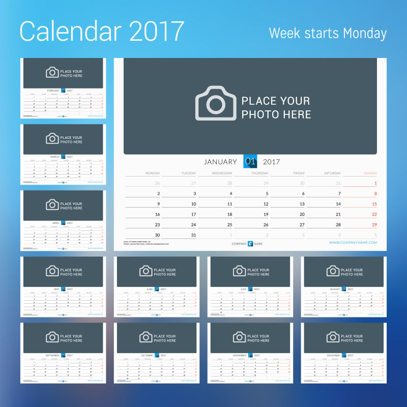 矢量2017日历灰色的页面设计