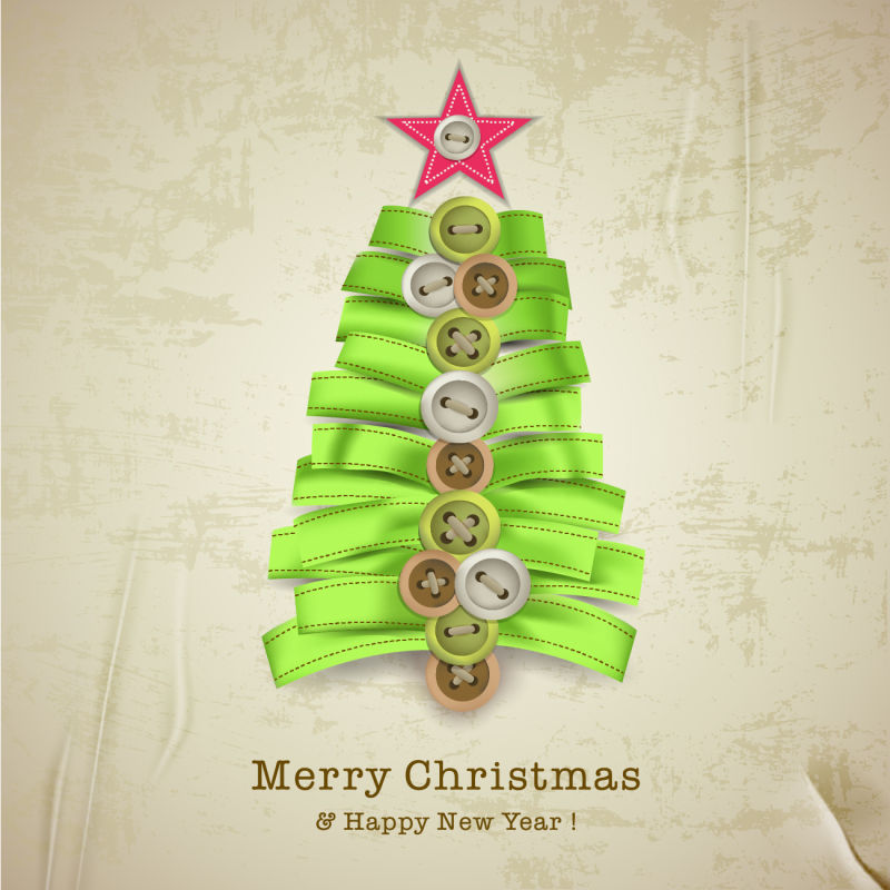 矢量圣诞节背景上绿色彩带和纽扣做成的圣诞树