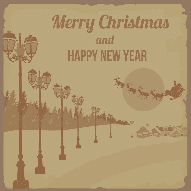 老旧插图上的冬季路灯和道路矢量圣诞节背景