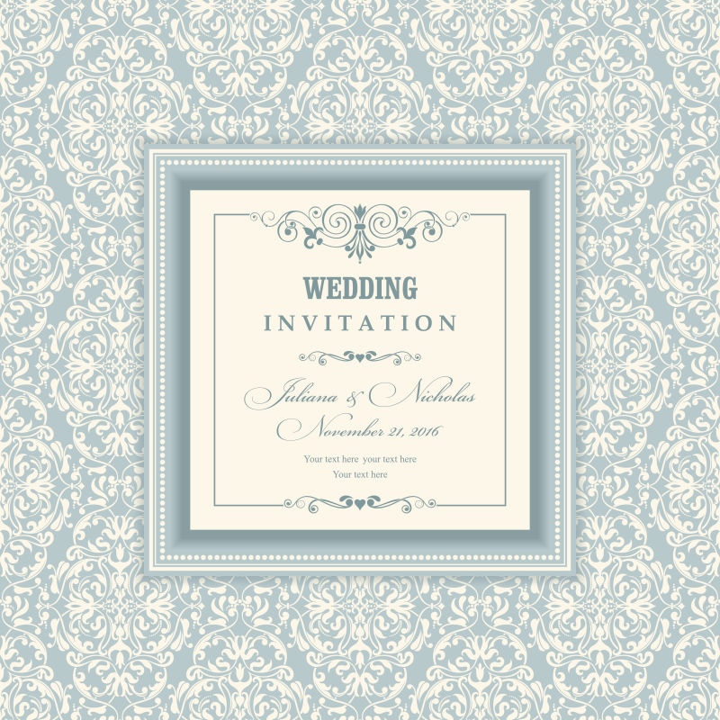 矢量婚礼邀请卡在一个老式风格的蓝色和米色