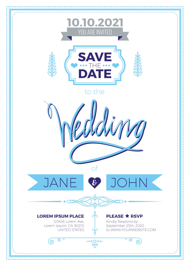 创意矢量老式蓝色主题的婚礼邀请卡设计