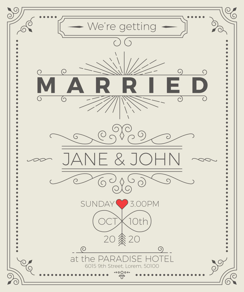 创意矢量复古线性风格的婚礼邀请卡设计