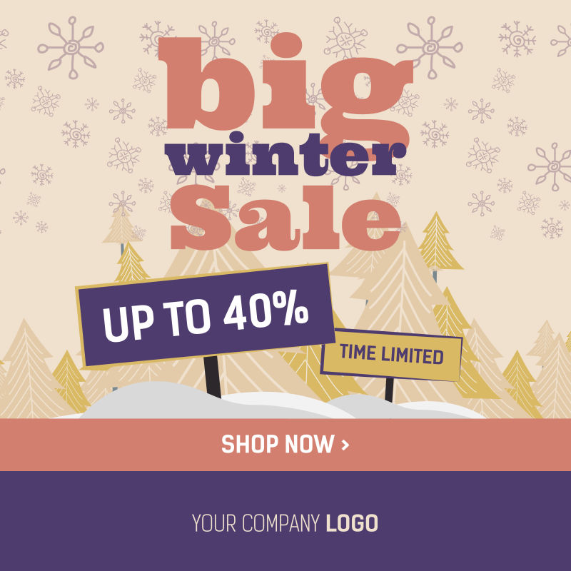 网页大横幅和海报大冬销售和特别优惠雪人矢量