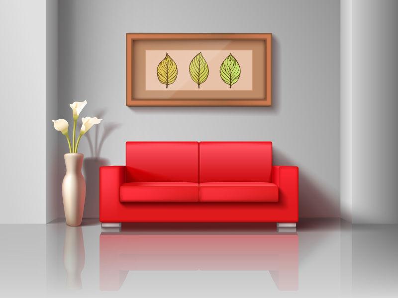 客厅里的红色沙发和花盆矢量