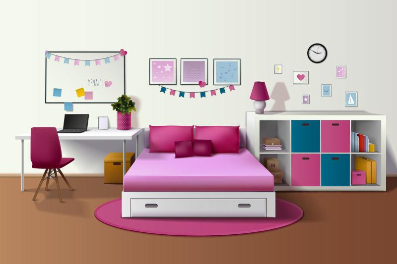 女孩房间室内粉红色床椅子书架相框桌面笔记本枕头地毯矢量插图