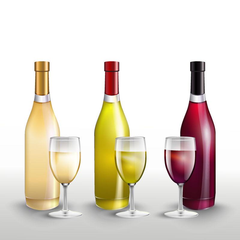 三种不同颜色的矢量酒瓶与酒杯