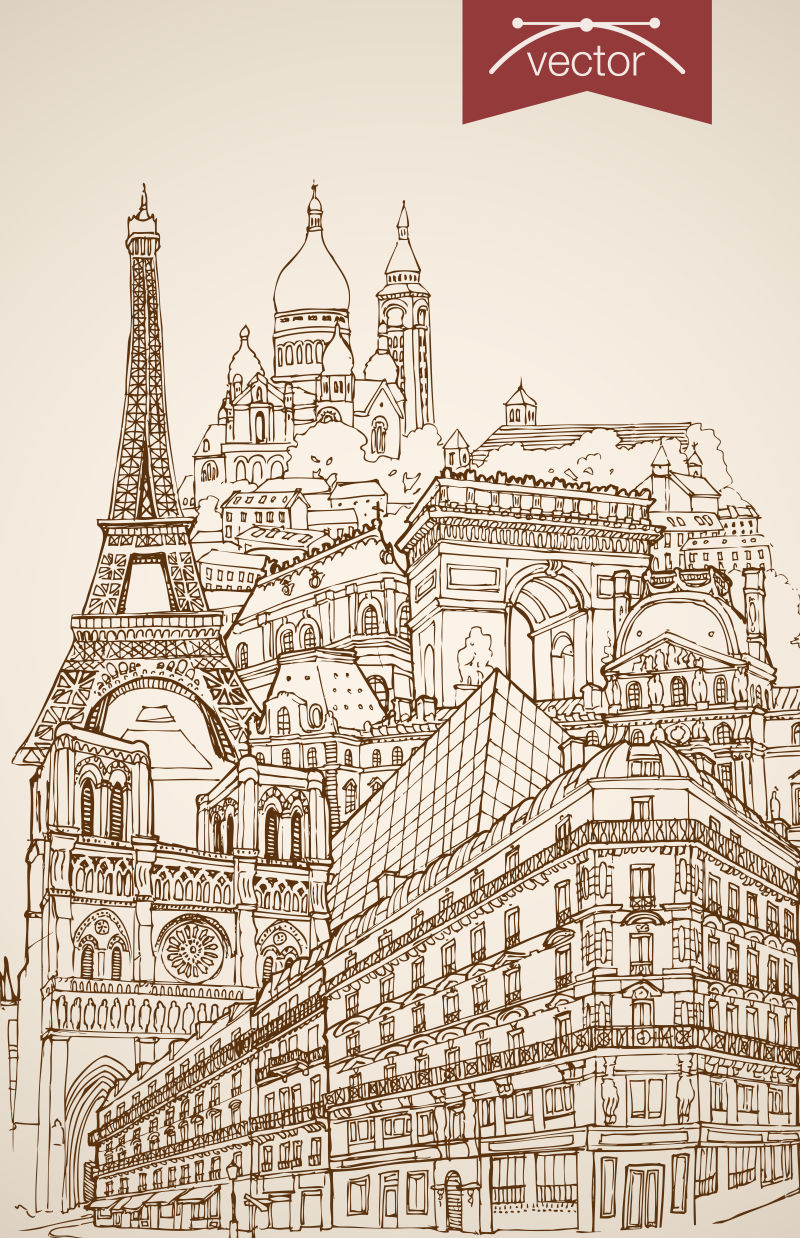 矢量复古手绘巴黎建筑设计插图