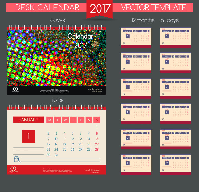 矢量2017日历多彩的所有月份设计