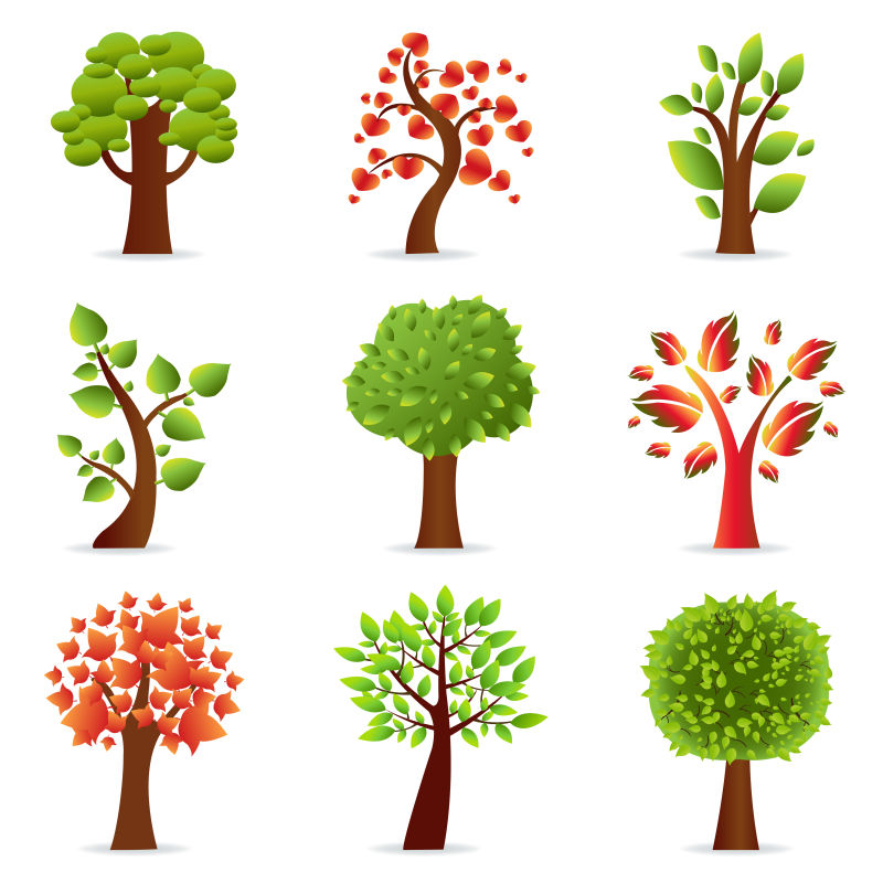绿色和红色叶子的矢量树木卡通画