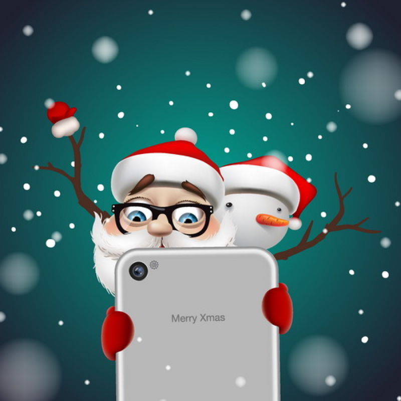 矢量设计用智能手机自拍的圣诞老人和雪人