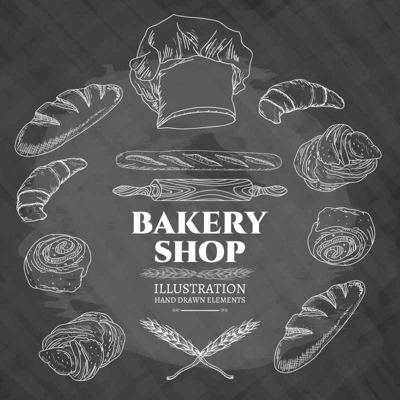 面包店内新鲜的糕点黑板手绘矢量插图