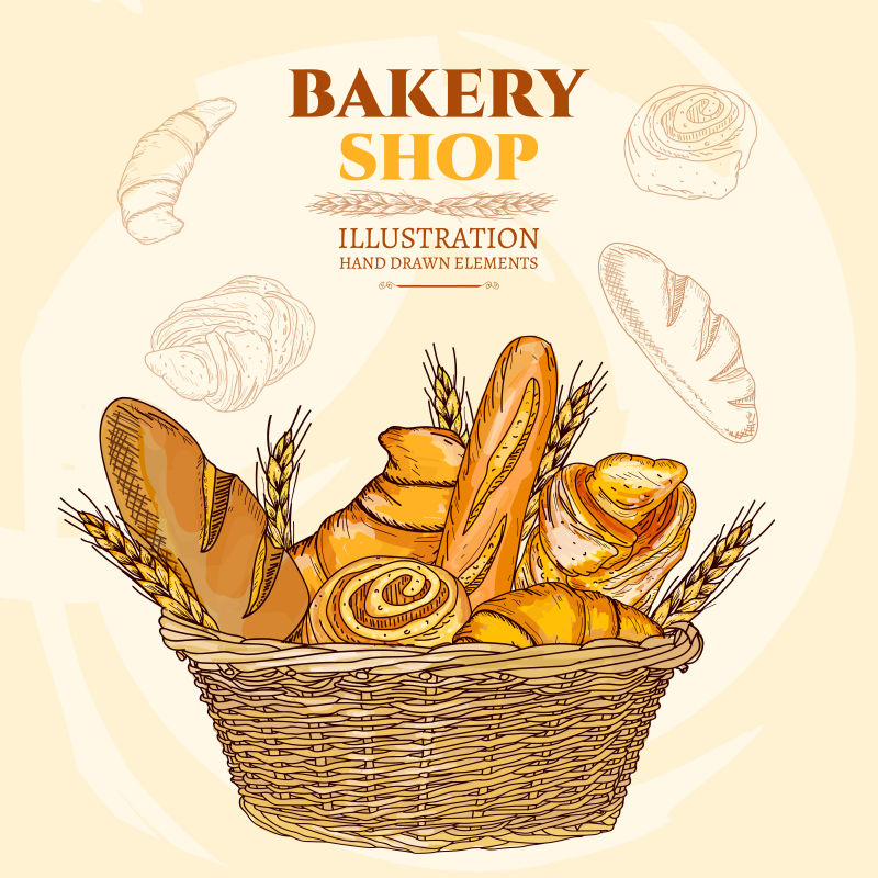 面包店内的面包篮海报矢量设计