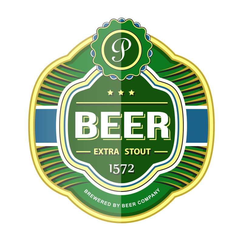 绿色啤酒瓶标签矢量设计插图